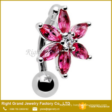 Surgical Steel Barbell Clear Fuchsia Cubic Zircon Flower Top Down Belly Ring